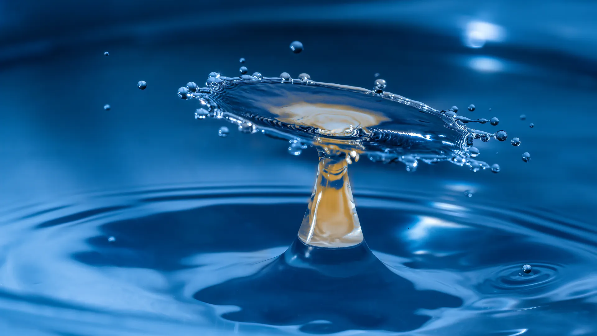 Ein schirmförmiger Wasserspritzer, umgeben von einzelnen Tropfen.